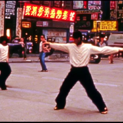 Prompt: film still of the 1995 movie 'Kung-Fu Cowboys of NYC'. Exciting kung-fu action scene. Sigma 85mm f/8