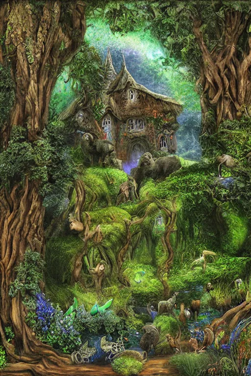 Image similar to digital painting detailed druid sanctuary by Arthur Hughes