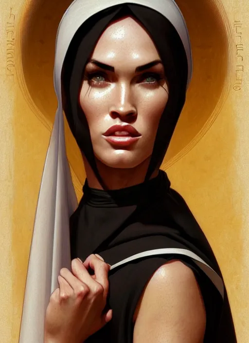 Image similar to portrait of megan fox as nun, bible, catholic, religion, cross, praying, intricate, headshot, highly detailed, digital painting, artstation, concept art, sharp focus, cinematic lighting, illustration, art by artgerm and greg rutkowski, alphonse mucha, cgsociety