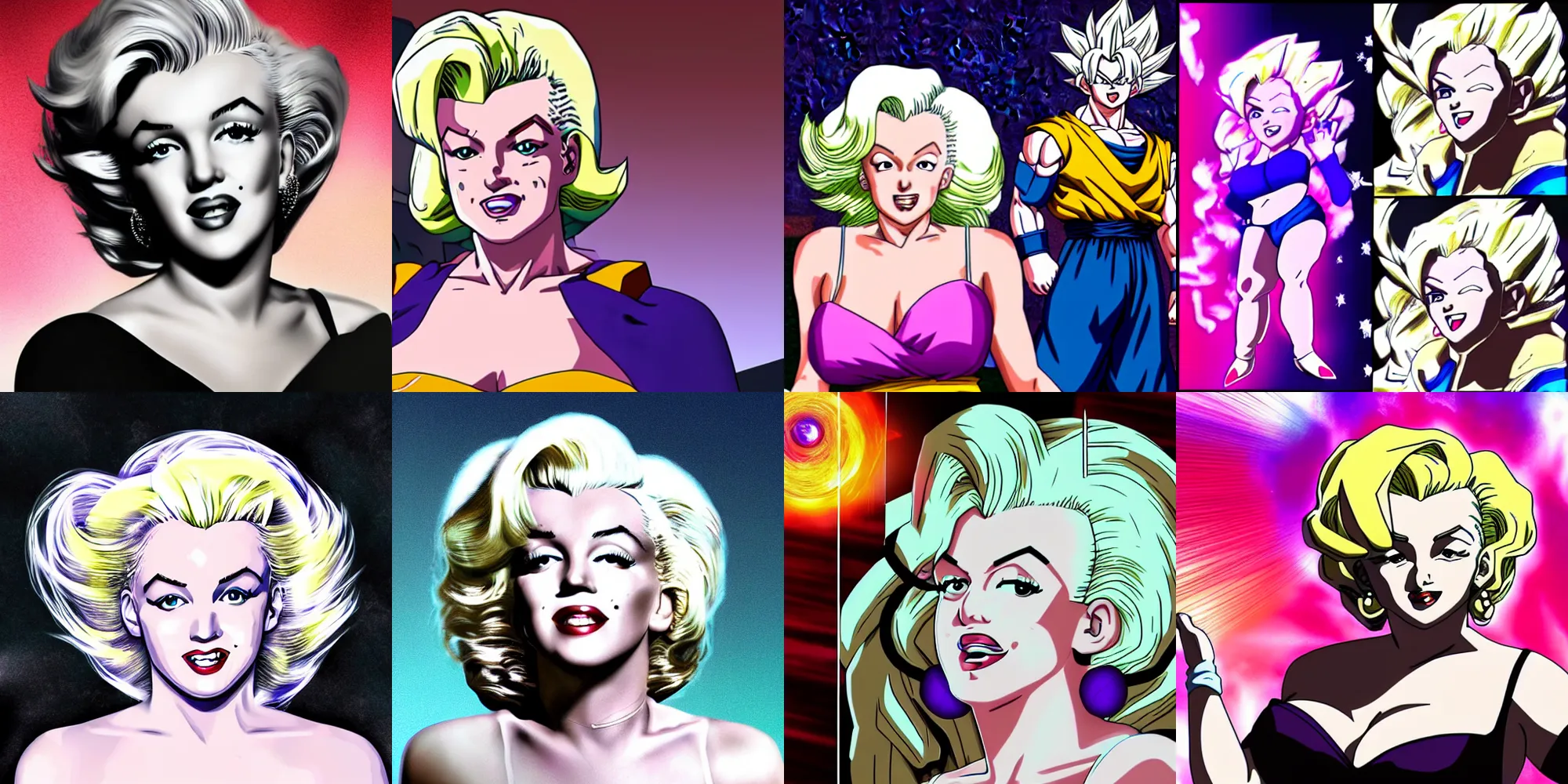 Prompt: portrait of marilyn monroe in dragon ball z, dragon ball super, 8k