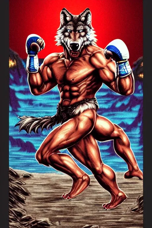 Image similar to extreme long shot. 8 bit nes graphics. antropomorphic muscular masculine wolf. kickboxer fighter, in shorts. wolf head. angry. fine details, very sharp, art from nes game cartridge, 8 0's, vhs artefacts, vaporwave style, marc simonetti and hermann nitsch.