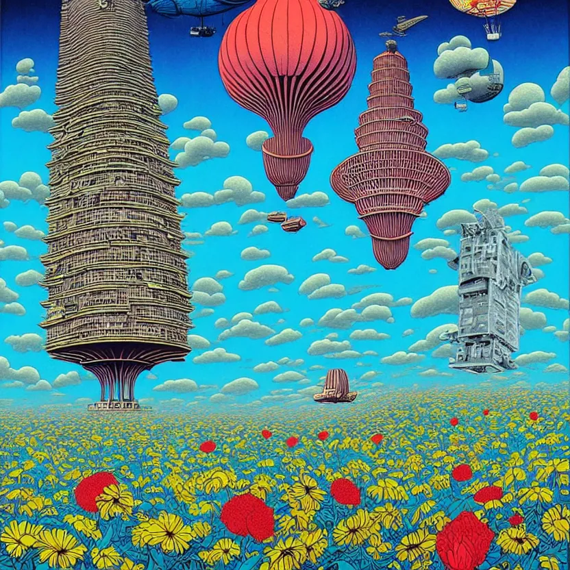 Image similar to surreal glimpse into other universe, mahanakorn tower with airship floating n the sky, summer morning, very coherent and colorful high contrast, art by!!!! rafal olbinski!!!!, geof darrow, floralpunk screen printing woodblock, dark shadows, hard lighting, stipple brush technique,