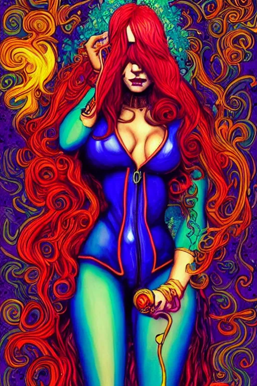 Image similar to a psychedelic detailed gorgeous acid trip painting of an extremely attractive superhero female character wearing a tight-fitting tan detective jacket, detective had on her head, beautiful [[[long red hair]]] in loose curls, slender woman, very curvy, noir, smoking a fancy long french cigarette, in the rain in the early evening, cinematic, dramatic lighting, full body view, cool pose, artwork by Artgerm, Rutkowski, Dale Keown and Van Sciver, featured on artstation, cgsociety, behance hd