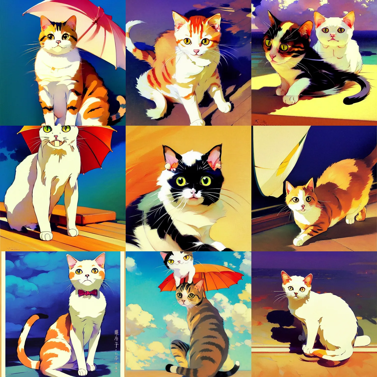 Prompt: a cute cat, by studio ghibli painting, by joaquin sorolla rhads leyendecker, an aesthetically pleasing, dynamic, energetic, lively, overlaid with aizome patterns, by ohara koson and thomas kinkade, traditional japanese colors, superior quality, masterpiece, sticker, vector art, full body, plain background