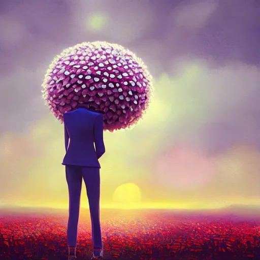 Image similar to giant daisy flower head, frontal, woman in a suit, surreal photography, sunrise, dramatic light, impressionist painting, digital painting, artstation, simon stalenhag