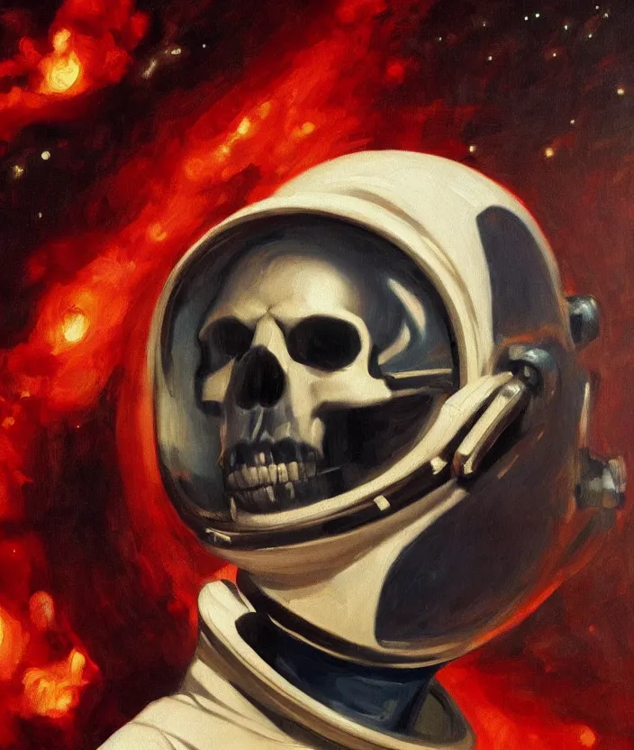 Prompt: a portrait of an astronaut with a skull head, cinematic and highly detailed oil painting by edward hopper, oil painting masterpiece, mysterious, very aesthetic, cinematic and dramatic red light, 4 k,