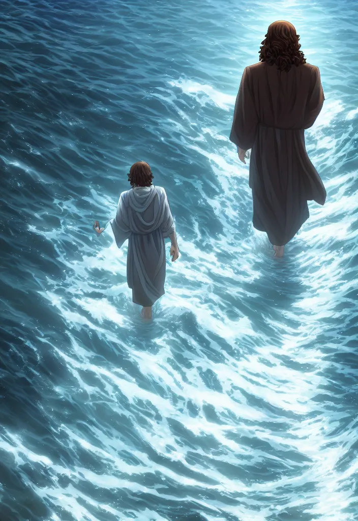 Image similar to a portrait of jesus walking on water by dan mumford, yusuke murata and makoto shinkai, 8k, cel shaded, unreal engine, featured on artstation, pixiv