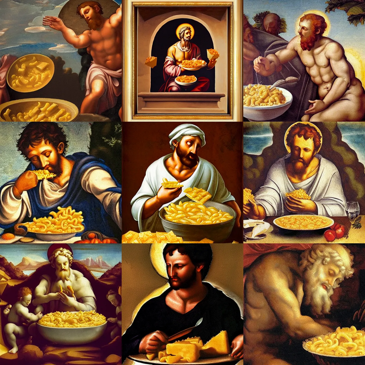 Prompt: god eating a bowl of mac and cheese by michelangelo, fresco painting, masterpiece