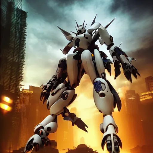 Image similar to digimon mecha, mecha suit, epic urban bakground, Murata Yasushi Nirasawa Style, beautiful aesthetic, photorealistic, volumetric lighting, hyperrealistic, octane render, HDR, Production IG Studios Anime Style