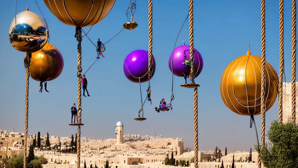 Image similar to large colorful futuristic space age metallic steampunk balloons with pipework and electrical wiring around the outside, and people on rope swings underneath, flying high over the beautiful jerusalem city landscape, professional photography, 8 0 mm telephoto lens, realistic, detailed, photorealistic, photojournalism