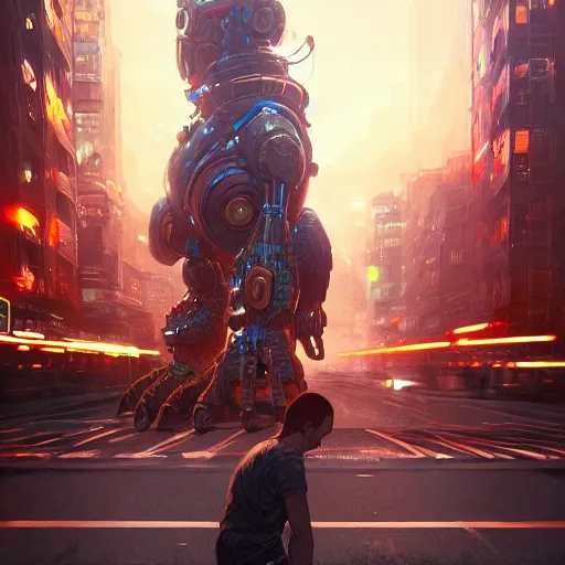 Image similar to detailed intricate digital illustration by greg rutkowski and artgerm and wlop and sanford robinson gifford ; terrifying monster robot looms over city intersection ; 1 3 mm film, arri alfa anamorphic lens ; sharp focus ; golden hour, trending on artstation 8 k