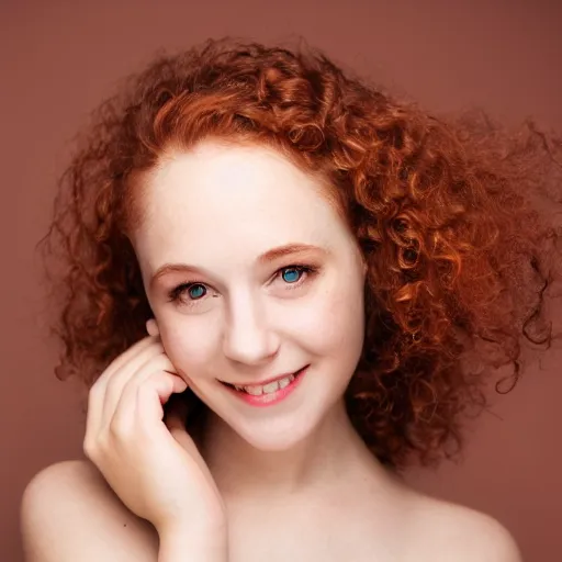 Prompt: Studio photography with professional lighting of a young pretty woman. High detail, soft skin, 8k, curly red hair, smiling, big green eyes