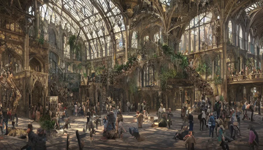 Prompt: interior of crowded neo - gothic london's indoor birds zoo, hyperdetailed, artstation, cgsociety, 8 k