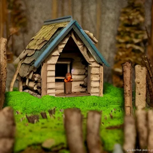 Image similar to a Eerie cabin in the middle of the woods in the style of claymation