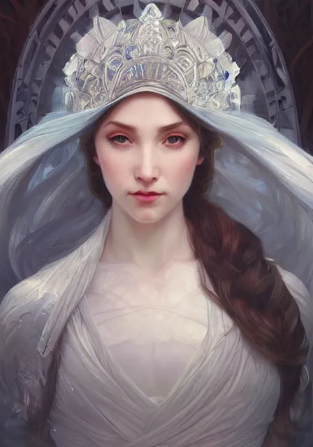 Image similar to ice queen, intricate, elegant, highly detailed, digital painting, artstation, concept art, smooth, sharp focus, illustration, art by artgerm and greg rutkowski and alphonse mucha and william - adolphe bouguereau