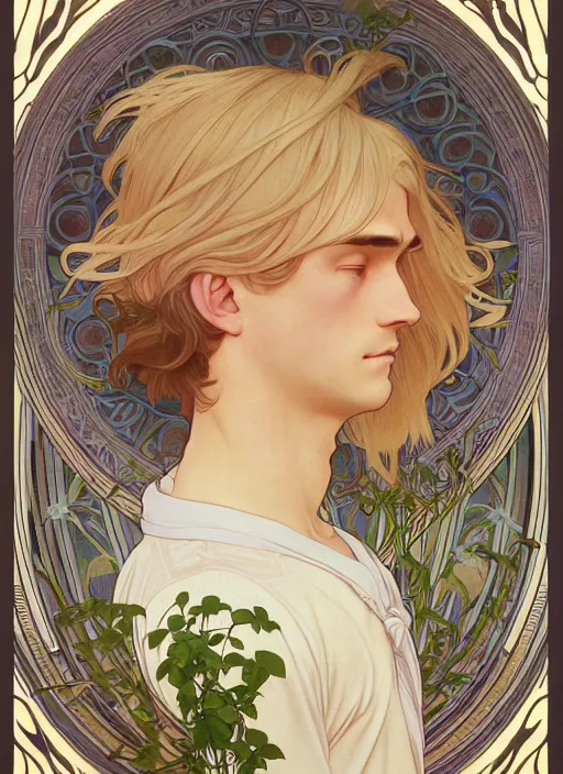 Prompt: pretty young man with shoulder length blond hair, male, half body shot, path traced, highly detailed, high quality, digital painting, by studio ghibli and alphonse mucha, leesha hannigan, hidari, art nouveau, chiho aoshima, jules bastien - lepage