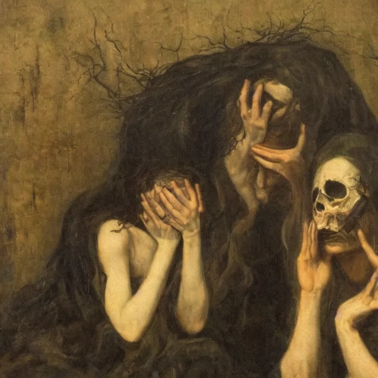 Image similar to the night of despair, doompunk, dark emotional portrait, nineteenth century painting masterpiece