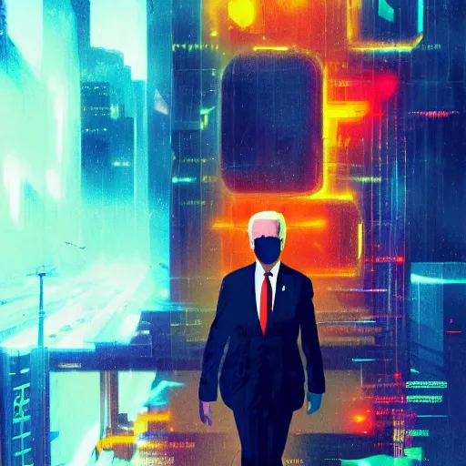 Prompt: Joe Biden enters the metaverse, cyberpunk, striking, colorful, impactful, artstation