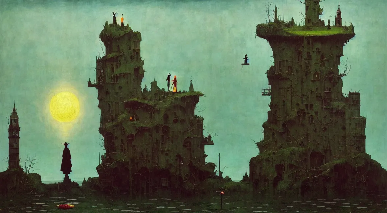 Image similar to single flooded simple!! statue tower, very coherent and colorful high contrast masterpiece by norman rockwell franz sedlacek hieronymus bosch dean ellis simon stalenhag rene magritte gediminas pranckevicius, dark shadows, sunny day, hard lighting