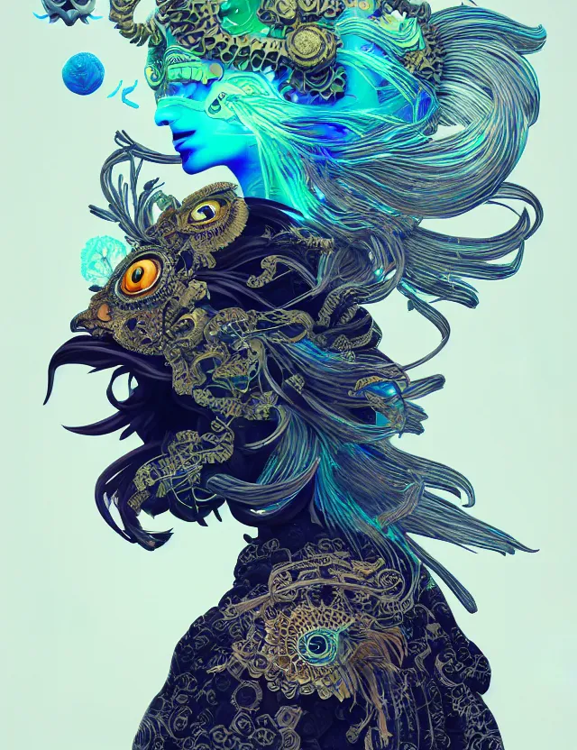 Image similar to 3 d goddess close - up profile solarpunk portrait ram skull. beautiful intricately detailed japanese crow kitsune mask and clasical japanese kimono. betta fish, jellyfish phoenix, bio luminescent, plasma, ice, water, wind, creature, artwork by tooth wu and wlop and beeple and greg rutkowski