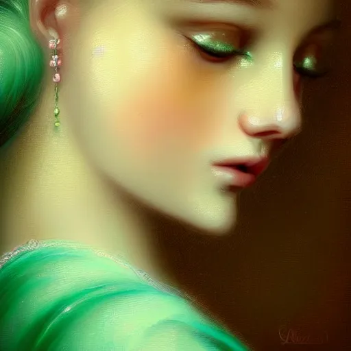 Prompt: Portrait of dreamy and ethereal women with light green eyes wearing mint green ornate frilly dress, peaceful expression, fantasy, intricate, elegant, beautiful, digital art, beautiful dynamic lighting, golden ratio, highly detailed, digital painting, trending on artstation, concept art, smooth, sharp focus, illustration, photo realistic, art by artgerm and greg rutkowski and alphonse mucha 8K