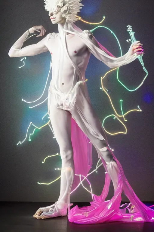 Image similar to full-body photo rococo and cyberpunk delicate neon crystalline sculpture of ((muscular slender albino Italian Prince)) as a dark iridescent humanoid deity wearing a thin see-through ((plastic hooded cloak)) sim roupa (holding a human skull), reclining con (((las piernas abiertas))), glowing pink face, crown of (white lasers), large diamonds, swirling black silk fabric. futuristic elements. oozing glowing liquid, full-length view. space robots. intricate artwork by caravaggio. Trending on artstation, octane render, cinematic lighting from the right, hyper realism, photo realistic, octane render, 8k, depth of field, 3D