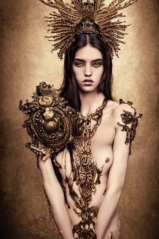 Image similar to a portrait of female model by stefan geselle and nekro borja, photorealistic, intricate details, hyper realistic, fantasy, ornate metal gold headpiece, photorealistic, canon r 3, photography, wide shot, photography, dark beauty, symmetrical features, wide angle shot, whole body, full body shot, standing pose, feet on the ground