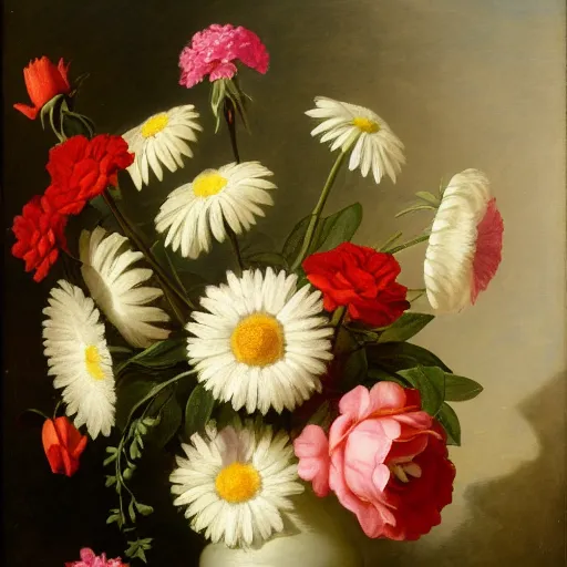 Image similar to a still life of a vase of flowers with a mix of roses daisies and lilies.