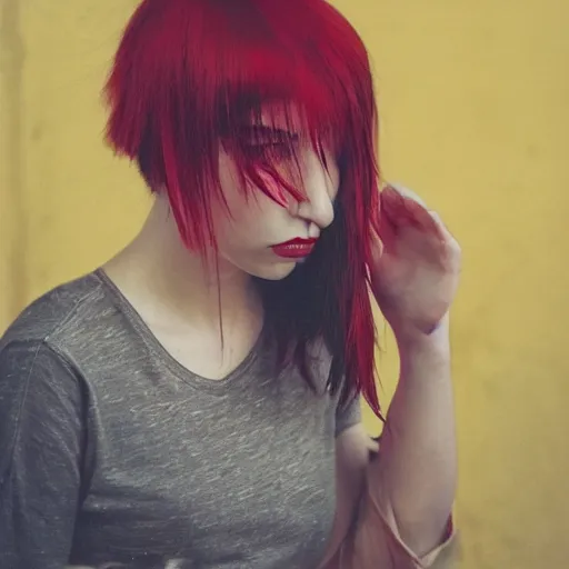 Image similar to a photo of a young woman. moody and melanchonic. red, yellow