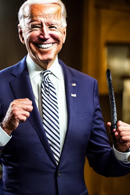 Prompt: Joe Biden smiling with a katana in each hand, AP photography, full body portrait