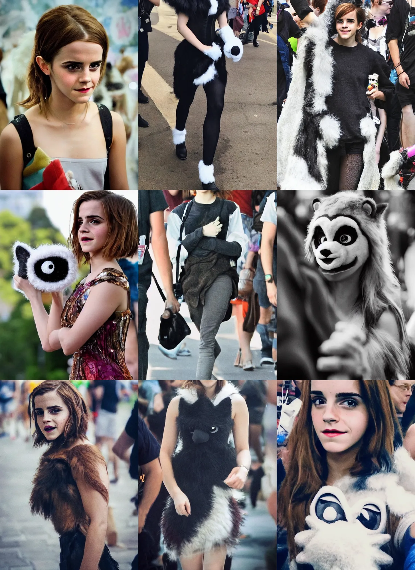 Prompt: emma watson spotted at a furry convention wearing her fursuit, face!!! visible!!!, photo taken with an iphone, candid photography, zoomed in