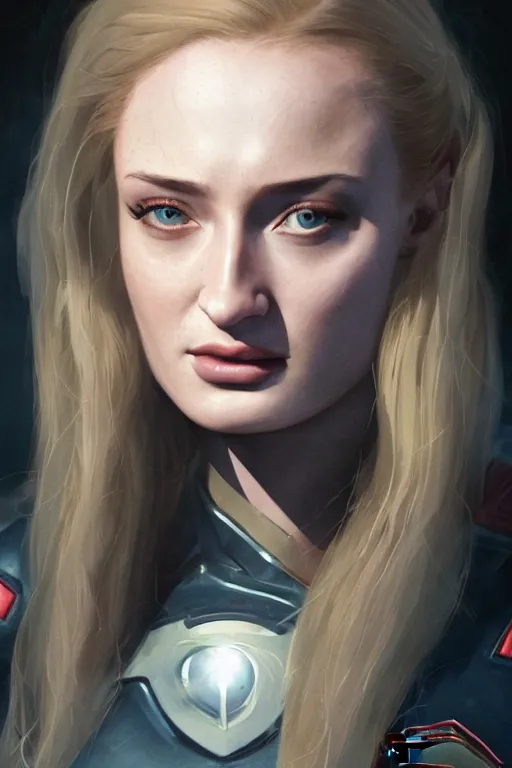 Image similar to a fancy close up of Man of Steel cast as Sophie Turner by Greg Rutkowski, Sung Choi, Mitchell Mohrhauser, Maciej Kuciara, Johnson Ting, Maxim Verehin, Peter Konig, 8k photorealistic, cinematic lighting, HD, high details, dramatic, trending on artstation, full body shot