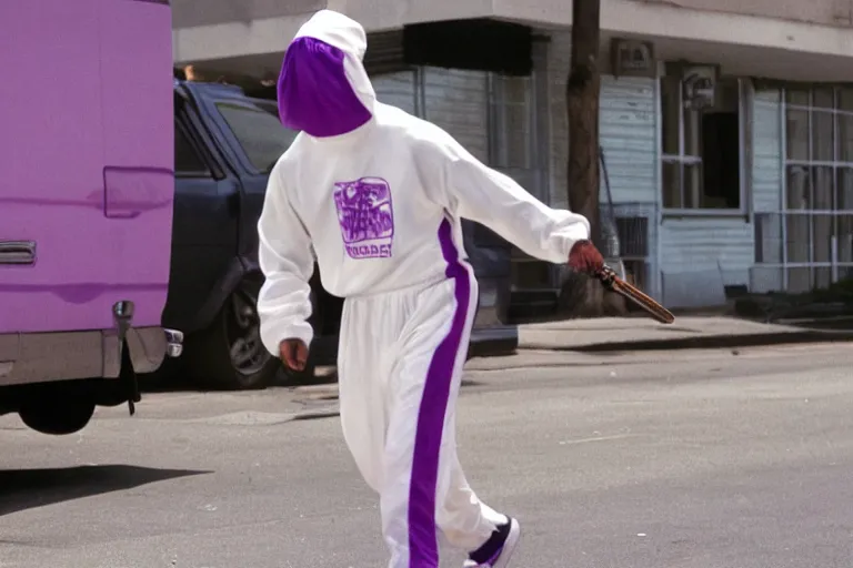 Image similar to walter white as a white gang member wearing a purple head covering made from a polyester or nylon material and a stained white tank top beating up his opponent gustavo fring in the streets of chicago, arms covered in gang tattoo, paparazzi, leaked footage, uncomfortable, bad quality