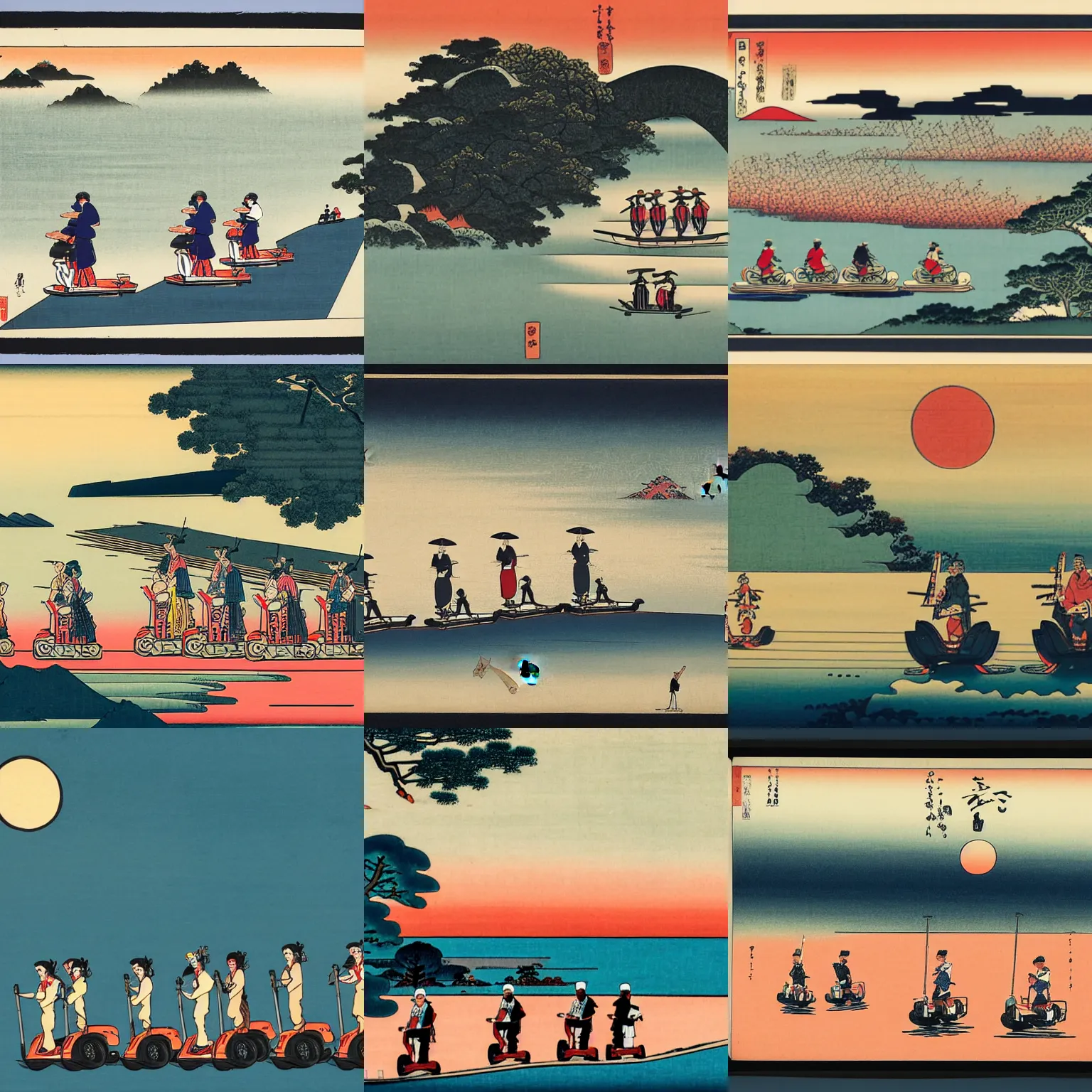 Prompt: Group of tourists riding on segways into the sunset, style of ukiyo-e hokusai