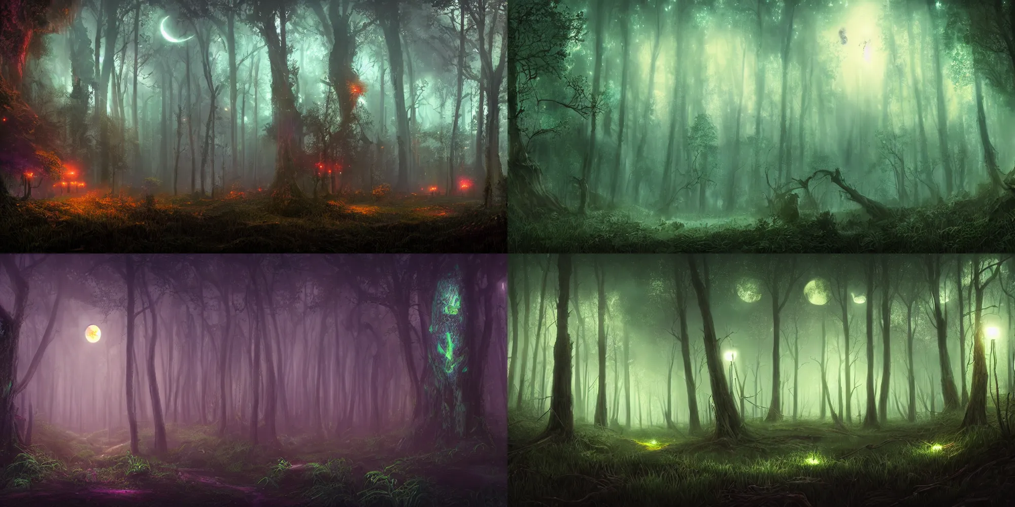 Prompt: a beautiful matte painting of a magical forest at night, covered in alien bioluminescent fungus, fireflies, strong light, fog, moon light, light shafts, wide angle, by Michal Kváč, by Anton Dmitriev, trending on artstation