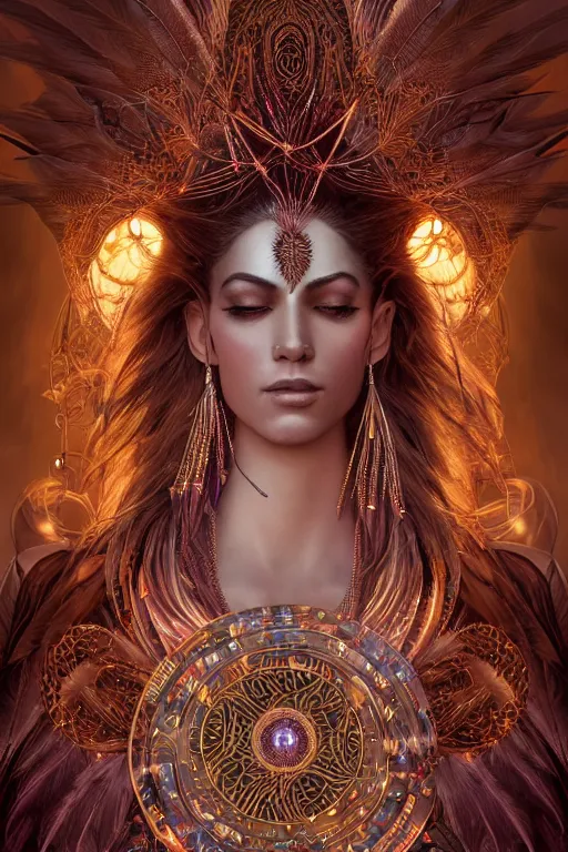 Prompt: a mystical render of a single alluring mystical tribal goddess adorned with feathers and gemstones and cables and synthesizer parts is surrounded by sacred geometry made from elven architecture, full body, gorgeous, perfect face, powerful, cinematic, beautifully lit, by artgerm, by karol bak, 3 d, trending on artstation, octane render, 8 k