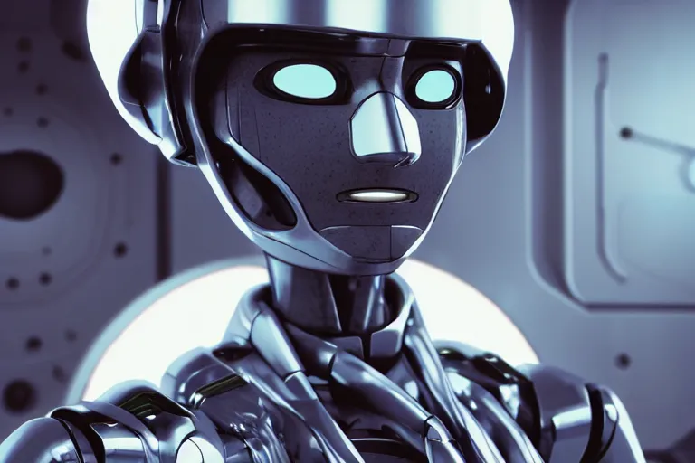 Image similar to close - up photograph of an androgynoid robot in the launch bay on the inter - galactic spaceship, 8 k, beautiful lighting, shallow depth of field, ultra realistic, hyper - detailed, sci - fi movie style, coherent composition,