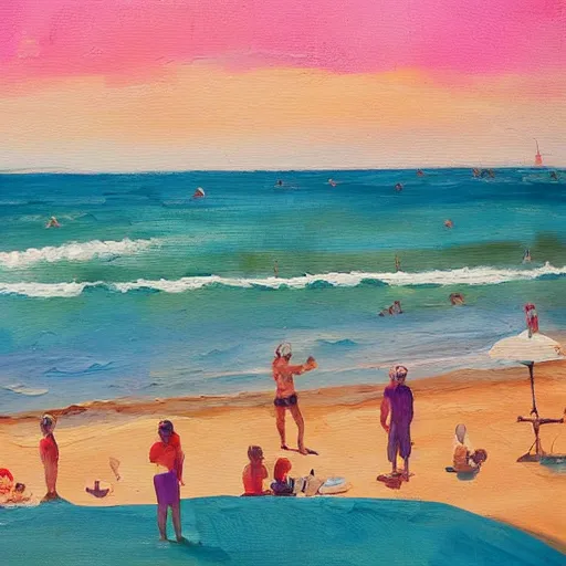 Image similar to Hot sunny beach seeing lots of people swimming and paddling in the sea, painted in a loose painterly style