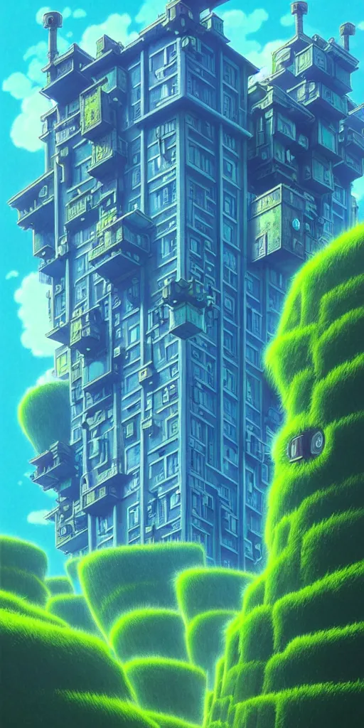 Image similar to a huge blue tiled apartment building of howl's moving castle ghibli, photorealistic, art by vincent di fate nausicaa, ghibli, breath of the wild, epic composition, green plants