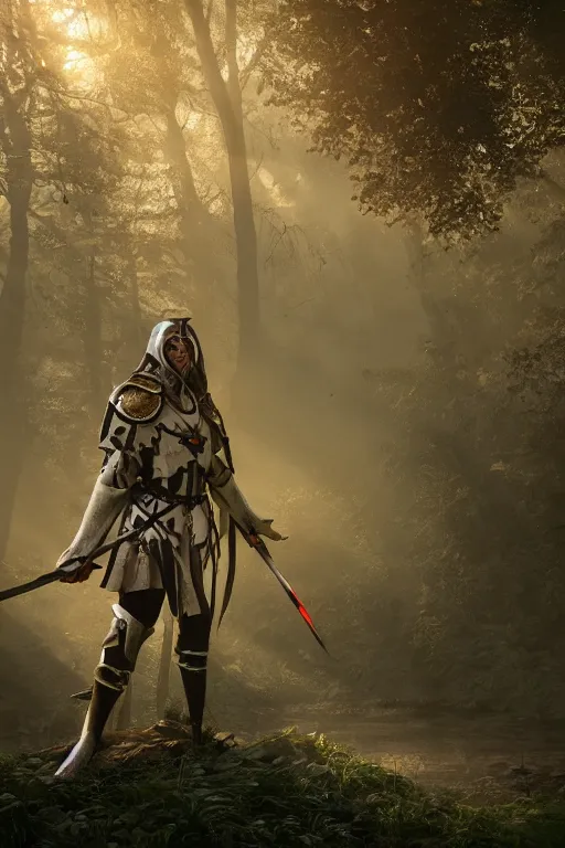 Prompt: a templar knight standing in a forest near a river at sunset, anatomically correct, hyperrealistic, concept art, octane render, unreal engine 5, trending on Artstation, high quality, 8K, highly detailed, symmetrical, five fingers, path tracing, soft lighting