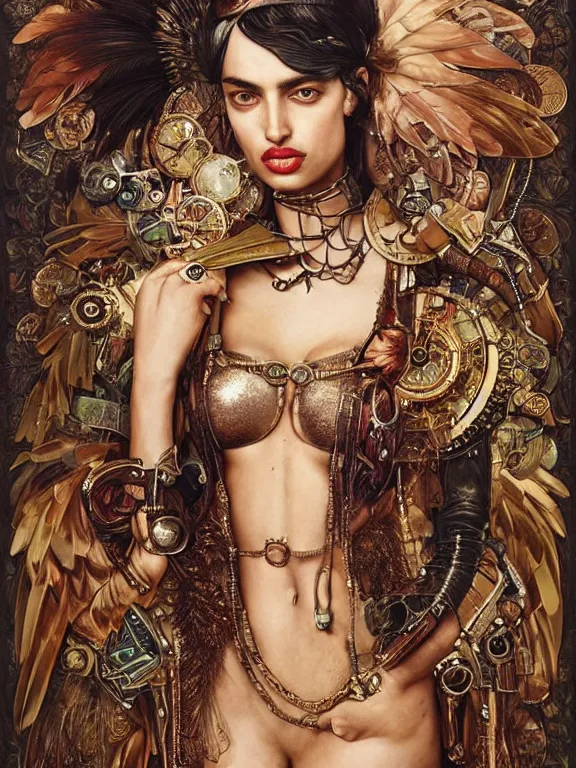 Prompt: a steampunk portrait of Irina Shayk,embellished sequined,feather-adorned,by tom bagshaw,Cedric Peyravernay,Peter Mohrbacher,William Holman Hunt,William Morris,Catherine Nolin,metropolis,Gucci,Dior,trending on pinterest,maximalist,glittering,feminine