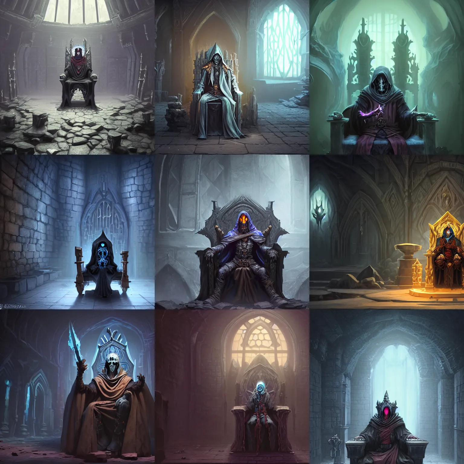 Prompt: lich wizard necromancer sitting on a throne inside dungeon crypt, wearing a dark hood and completely blank mask, gray stone wall behind him by Stanley Artgerm Lau, WLOP, Rossdraws, James Jean, Andrei Riabovitchev, Marc Simonetti, and Sakimichan, Unreal Engine, 4k