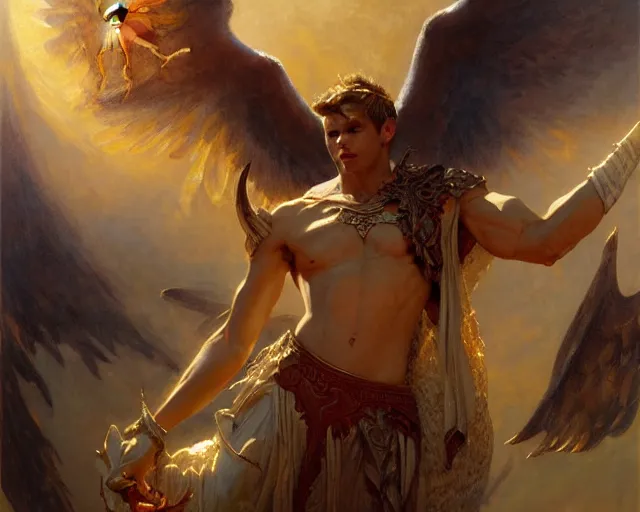 Image similar to monumental male deity, casting demonic magic, summoning handsome lucifer morning star. highly detailed painting by gaston bussiere, craig mullins, j. c. leyendecker 8 k