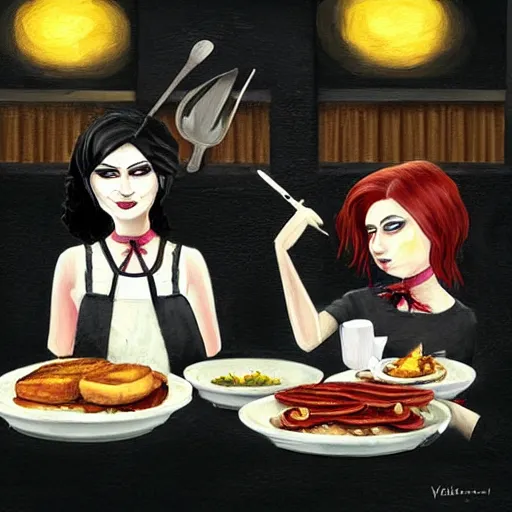 Prompt: gothic ladies cooking at a denny's, painting by valenceri