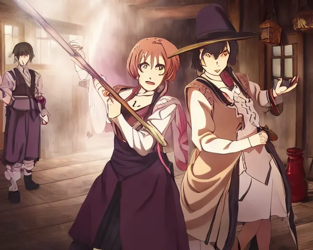 Image similar to key anime visual portrait of a young female witch in a tavern interior defending a companion, dynamic pose, dynamic perspective, cinematic, dramatic lighting.