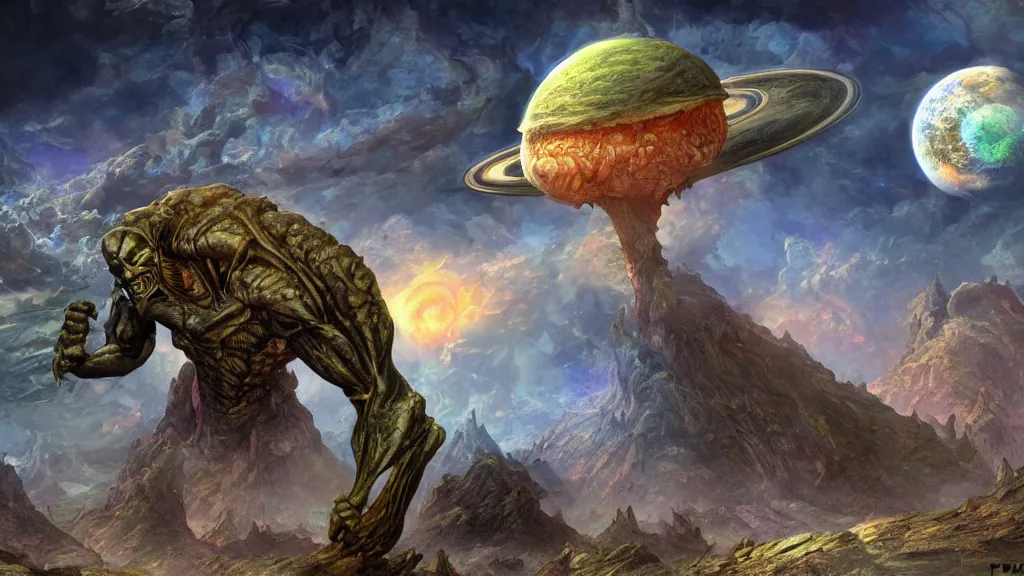 Prompt: Muscular Alien on the planet Venus” Deep Dream, Digital art, concept art, detailed, amazing background, Art station,3-D 4K, matte painting, Frank Frazetta,