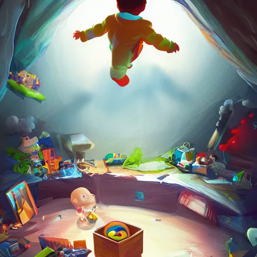 Image similar to A child discovering his room can open a portal to another dimension, digital art, trending on artstation, high details