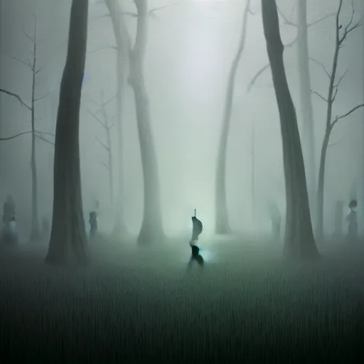 Image similar to A beautiful but eerie forest, shrouded in mist that is filled with scary glowing monsters, in the style of Keith Thompson and Zdzislaw Beksinski, Artstation HD, 8k, Surrealistic digital artwork,