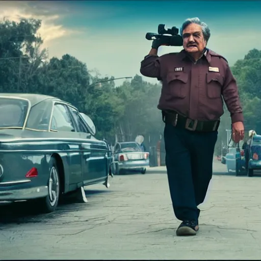 Prompt: a still frame of the movie'jose mujica : mall cop ', dramatic light, action scene, sunset, high detail, sharp, directed by steven spielberg, digital art, trending on artstation