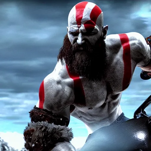 Image similar to kratos, with leviathan axe, jumping a black harley - davidson motorcycle off a cliff, cinematic render, playstation studios official media, god of war 2 0 1 8